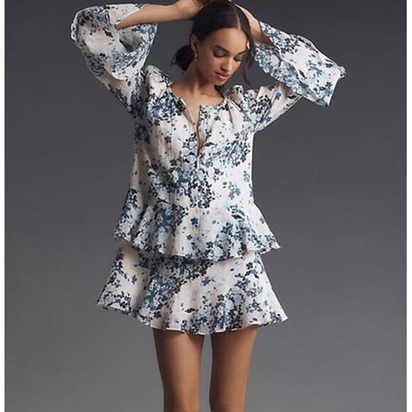 Anthropologie Maeve Long-Sleeve V-Neck Mini Swing Dress Blue Floral Medium New - Picture 1 of 10